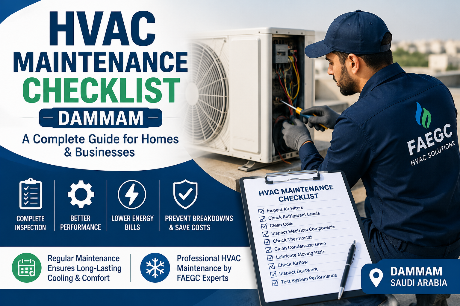 HVAC Maintenance Checklist Dammam for residential and commercial HVAC systems by FAEGC